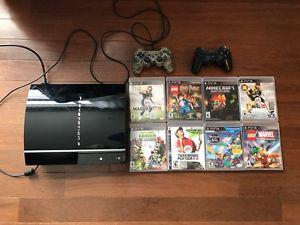 PS3 Game Console, Cords, 2 Remotes, Remote Charger, 8 Games