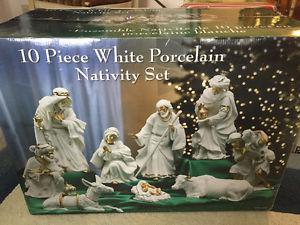 White Porcelain 9 piece Nativity Set with Gold Trim