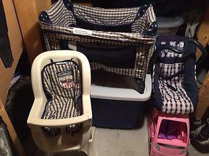 Kids play pen, high chair and carrier