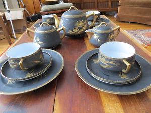 Vintage Hand painted Black Matte Shuzan Japanese Tea Set