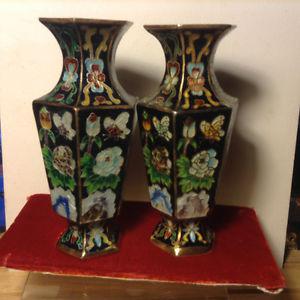 Antiques Pair Cloisonne Vases Hexagonal Decoration