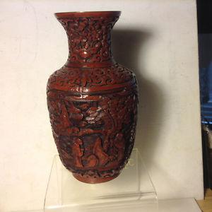 Chinese Antique Carved Wood Brown Cinnabar Vase Figures
