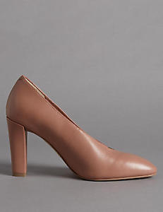 Leather Block Heel High Shoes