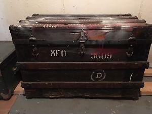 Old vintage army trunk. Has red paint on it. Wood inside.