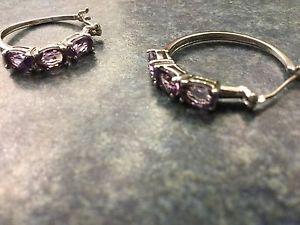 Pair pierced silver tone earrings with 3 purple stones
