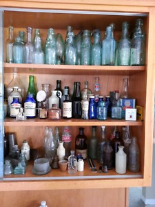 Antique bottles, weight scales