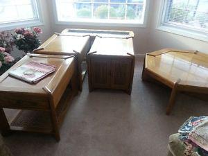 Set of 4 Matching Solid Oak/Wicker Tables