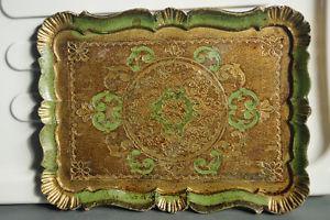 Vintage wood tray, painted (gold&green), medium size