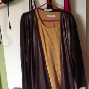 Tanjay gold shell and dark brown suede front sweater