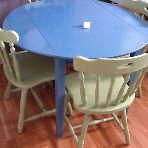 Blue wood table w/4 green chairs
