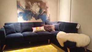 Brand new upholstered midcentury navy sectional sofa