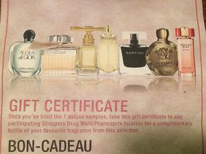 Gift certificate for bottle of perfume from shoppers drug