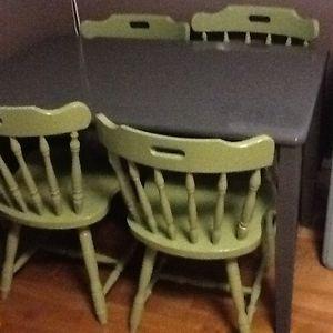 Small grey wood table w/4 green chairs