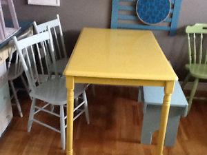 Yellow wood table w/2 chairs and bench