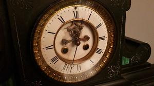 Antique Black Stone Mantle Clock with Jade Inlays $300