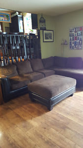 Brown micro fiber sectional sofa with storage ottoman