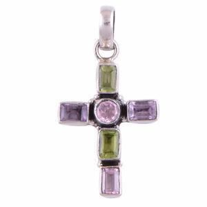 Genuine, Peridot, Amethyst, Zirocn Sterling Cross Pendant