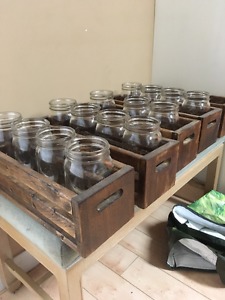 Handmade Wooden Boxes with 3 Mason Jars per Box