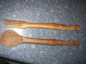 Large 15" Hand Carved Wooden Tribal Head Salad Fork and