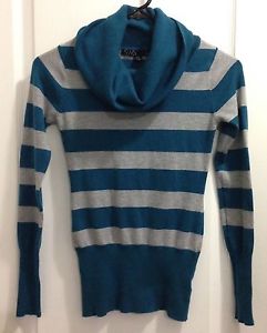 Size Small Turquoise & Grey Striped Cowl Neck Sweater