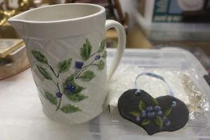 Blueberry Motif Ceramic Pitcher and Slate Tole Painted Heart