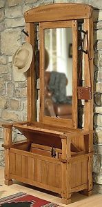 Rustic Oak Hall Storage Bench With Mirror & Hooks (SALE