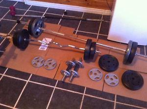 Weight bench, bars, and weights