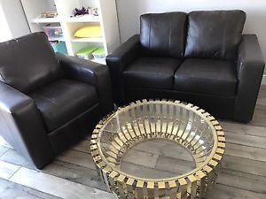 Dark brown top grain leather sofa and chair