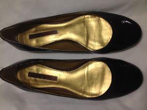 Ladies Dark Brown Patent Leather Gold Heeled Bandolino Shoes