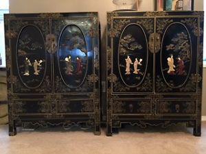 Antique Chinese Black Lacquer Dining Cabinets Set of 2