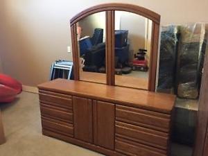 Large Oak Finish Dresser and Mirror