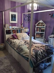 Twin Captains Bed with Bookshelf Headboard & Canopy