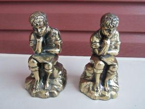 Vintage Metal Bookends of Boy Reading Book & Thinking!