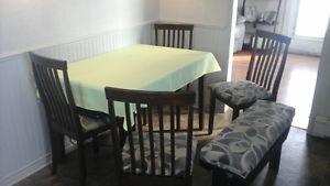DINNING TABLE, FOUR CHAIRS AND BENCH