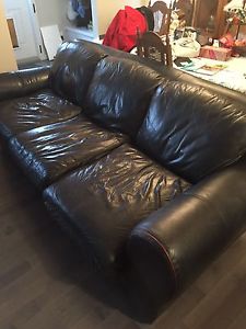Italian leather custom couch, 2 chairs and ottoman