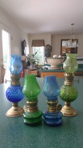 Set of 4 Miniature Blue & Green Oil Lamps