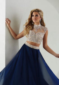 Two-piece Navy Blue sequenced Prom dress