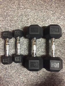 Pair of 20 lb rubber hex Dumbbells and pair of 5 lb