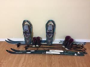 Skis, poles, boots, and snow shoes for sale