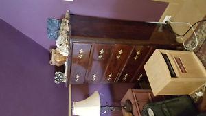 Long cherry stained dresser with mirror and matching tallboy