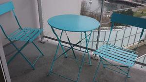 Balcony table chairs, collapsible metal