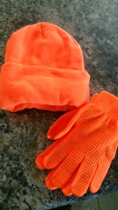 Blaze orange hat and gloves