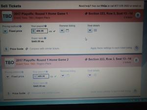 Oilers playoff tickets $750 for the pair. Sec 223 row 3.