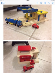 Plan city fire station and gas station wooden toys