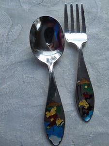 VINTAGE,STERLING CHILDS FORK AND SPOON,POOH BEAR & BAD WOLF