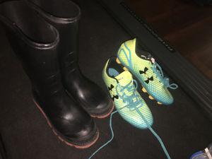 Boys size 2 soccer cleats and rain boots