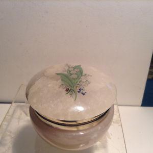 Hand Carved Genuine Alabaster Round Trinket Box Flower