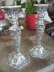 Vintage Pair Of  Silver Plate Baroque Style Candle