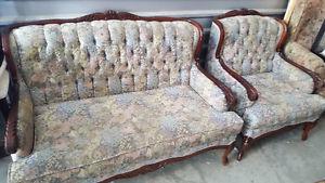 Antique French Provincial Hand Carved Tufted Loveseat &