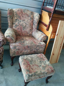 Beautiful Floral Queen Ann Wing Back Chair With Foot Stool